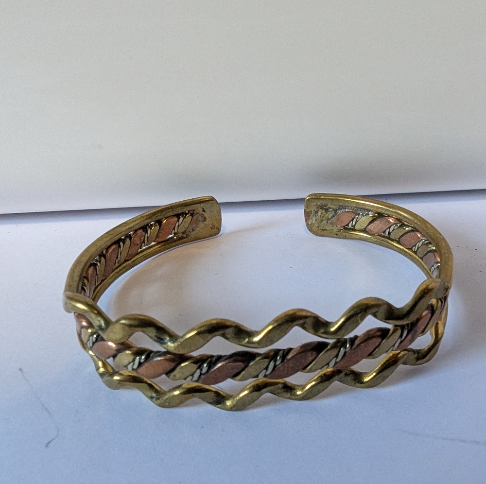 Vintage Mix Metal Cuff Bracelet Boho 70s Copper Brass Wave